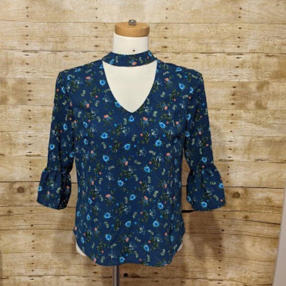 meraki Tops - Meraki Blue Floral Blouse with Choker Collar